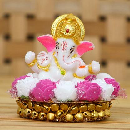 Lord Ganesha Idol on Decorative Handcrafted Plate with Pink and White Flowers