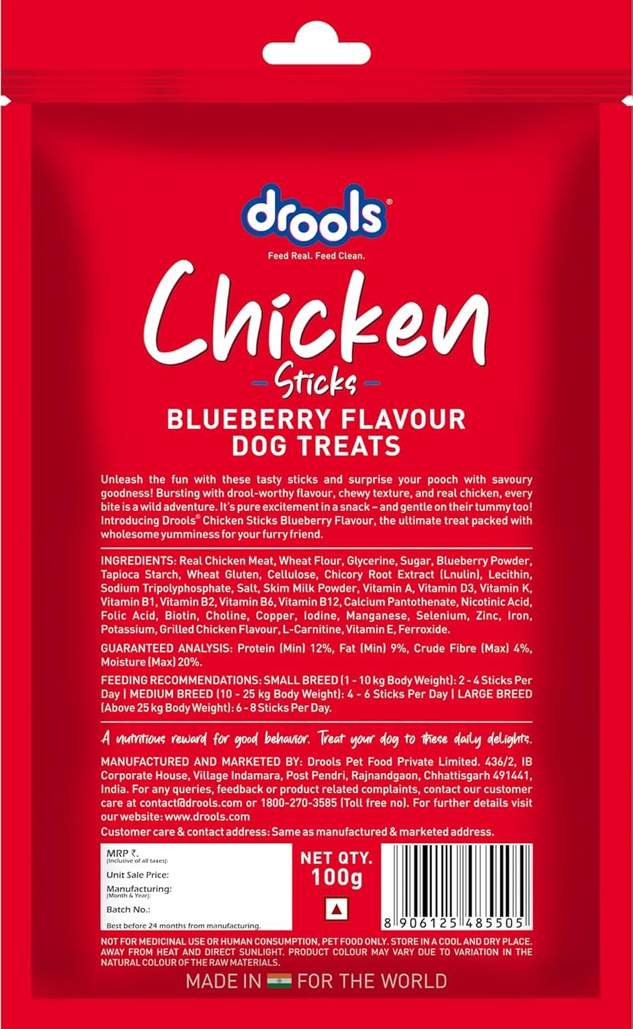 Drools Puppy & Adult Dog Treats Sticks 100g | Blueberry Flavour | Rich in Protein | No Artificial Preservatives | Best for Training & Bonding | Formulated in USA | Premium Treats