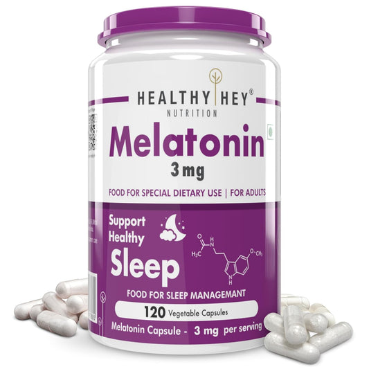 Melatonin supplement container with white label and purple cap on a white background