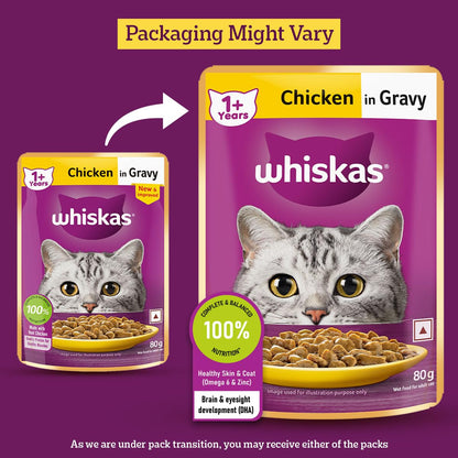 Whiskas Wet Cat Food for Adult Cats (1+Years), Chicken in Gravy Flavour, 80g