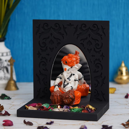 Orange White Resin Lord Ganesha Idol Playing Tabla Showpiece Potpourri Tea Light Candle Holder| Ganpati Murti Tea Light Holder Diwali Decoration Items for Home Decor Office| Diwali Gift