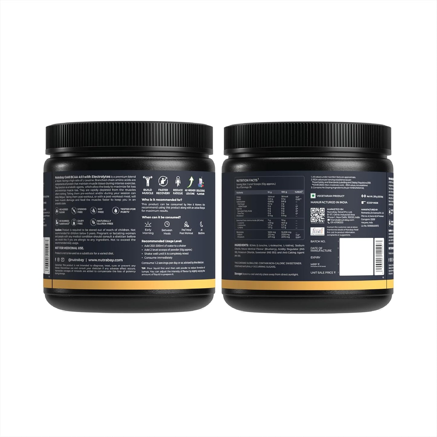 Two black containers with labels on a white background
