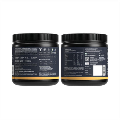 Two black containers with labels on a white background