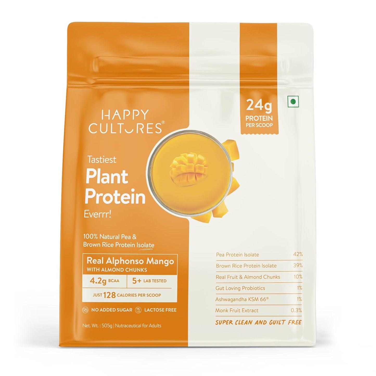 Happy Cultures Plant Protein 505g | 24g Vegan Protein with Alphonso Mango, Almond & Ashwagandha | Probiotics, No Added Sugar, Dairy Free, Easy to Digest