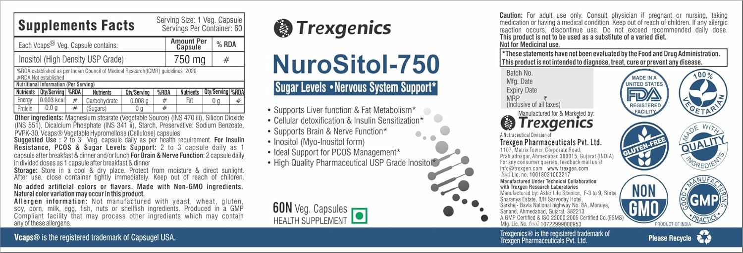 Trexgenics NuroSitol-750 supplement label with text and logos.