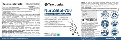 Trexgenics NuroSitol-750 supplement label with text and logos.