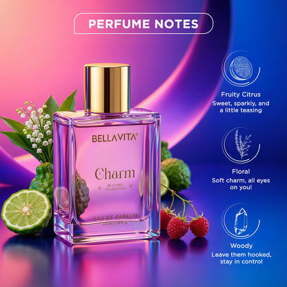 Bellavita Charm perfume bottle with fruit and plant elements on a gradient background
