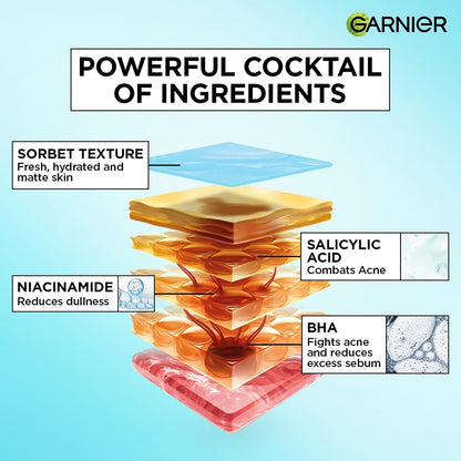 Garnier Fresh & Matte Salicylic Acid Sorbet Moisturizer Cream, Salicylic Acid + Niacinamide + Vitamin C, 9x Lighter Sorbet Cream, For Hydration & Oil Control, Suitable for Oily to Normal & Combination Skin, 90g