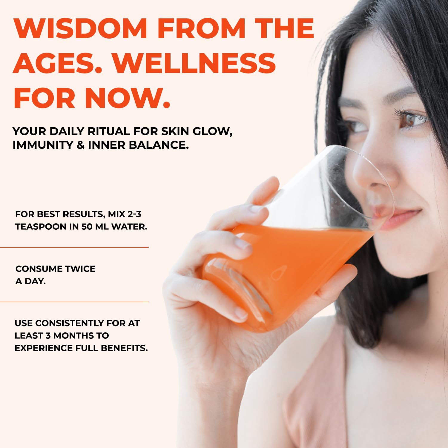 Woman holding an orange container with wellness product and text about daily ritual for skin, immunity, and inner balance.