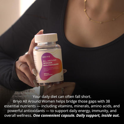 Person holding a bottle of Briyo All Around Women Multivitamin with text about daily support.