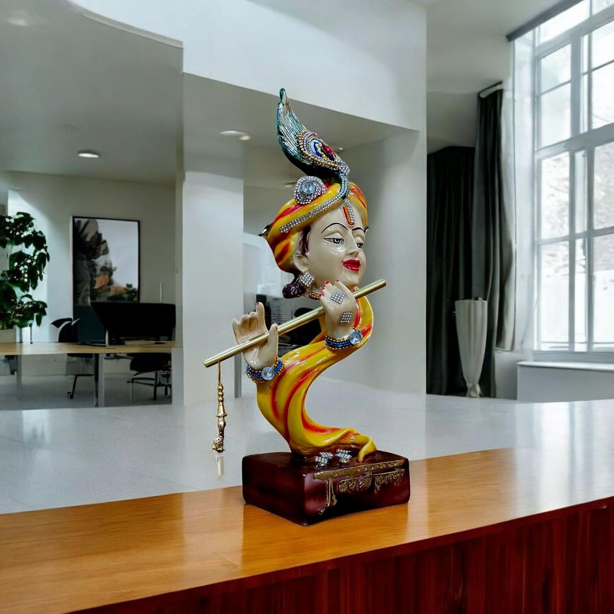 Decorative Krishna Statue with Flute, Resin and Marble, 34.5 cm Height, Religious Home Decor Krishna Showpiece for Home Decor Living Room