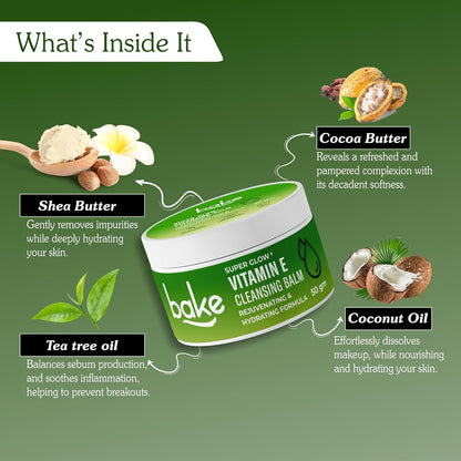 BAKE Super Glow+ Vitamin E Cleansing Balm | Rejuvenating & Hydrating Formula | For Acne prone skin Dry, Normal, Oily & Combination Skin | Sulphate & Paraben Free | 50g