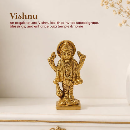 Brass Lord Vishnu Ji Idol | Vishnu Ji Murti for Pooja Room and Home Temple | Antique Brass God Figurine (Design03: L4 x W3 x H8 cm)