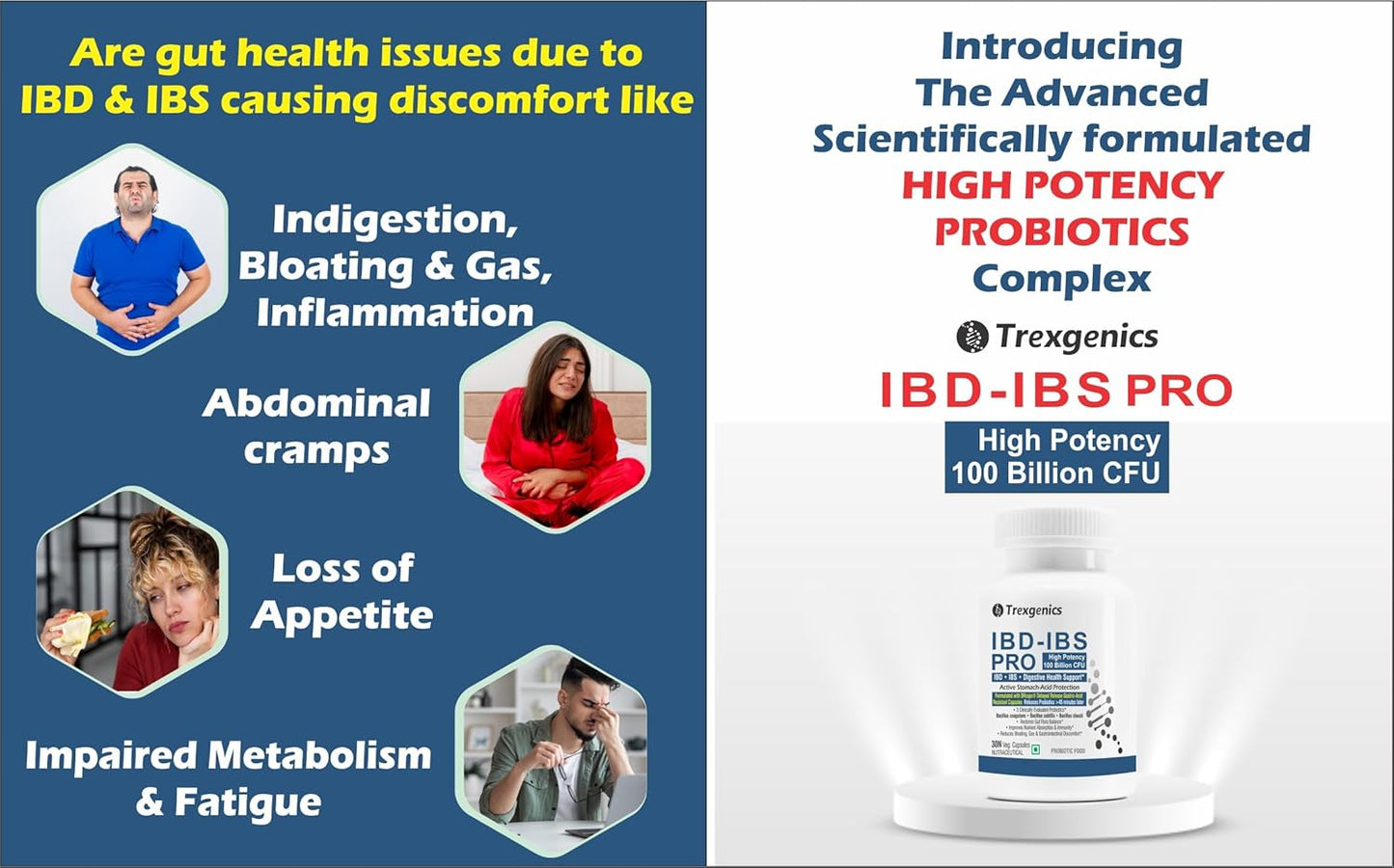 Advertisement for Trexigenics IBD-IBS PRO high-potency probiotics with symptoms and product packaging.