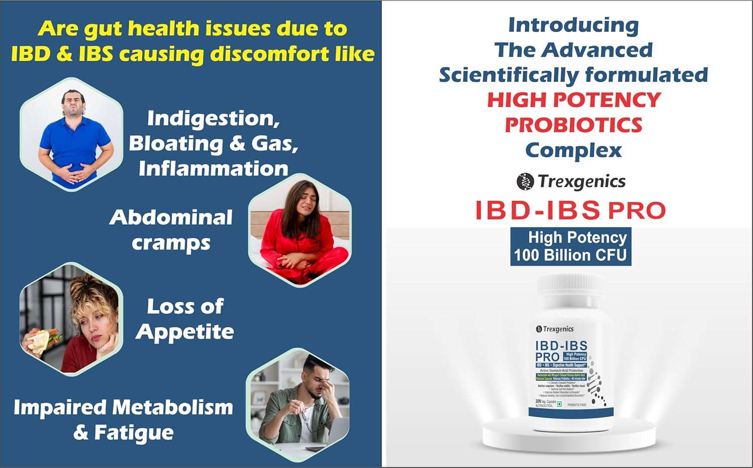 Advertisement for Trexigenics IBD-IBS PRO high-potency probiotics with symptoms and product packaging.
