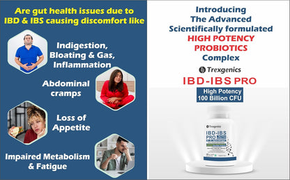 Advertisement for Trexigenics IBD-IBS PRO high-potency probiotics with symptoms and product packaging.