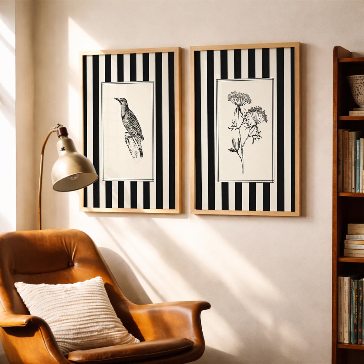 Set of 2 Wooden Framed Wall Paintings, 13x19 Inches, Black & White Botanical & Bird Illustration Art for Living Room, Bedroom, Office & Hall