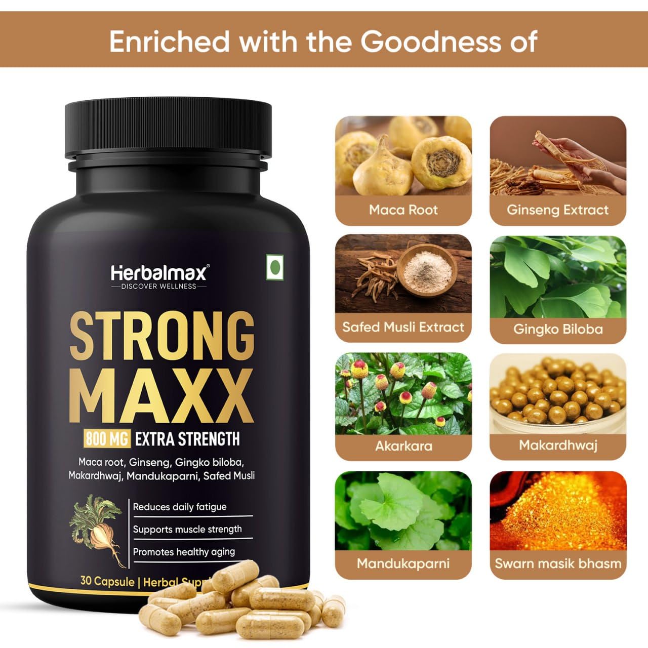 Herbal Max Strong Maxx Maca Root Capsules – 800 mg | 30 Vegetarian Capsules | Natural Energy & Vitality Booster | Ayurvedic Supplement for Men & Women
