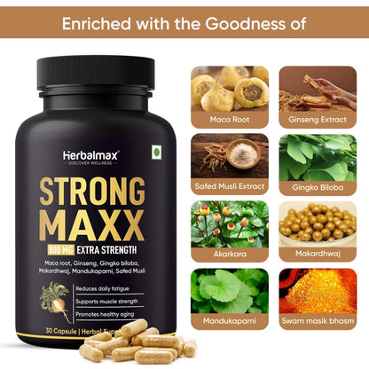 Herbal Max Strong Maxx Maca Root Capsules – 800 mg | 30 Vegetarian Capsules | Natural Energy & Vitality Booster | Ayurvedic Supplement for Men & Women