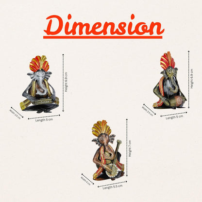 CraftVatika Metal Ganesha Playing Musical Instruments Set of 3, Handcrafted Ganesha Playing Dholak Harmonium Sitar Showpiece for Living Room Tabletop Home Décor Items, Ganesh Musical Showpiece