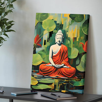 Buddha Painting for Living Room, Buddha Lotus Leaves Painting for living room, Bedroom, office and Meditation Room, Canvas, 16x22 Inch