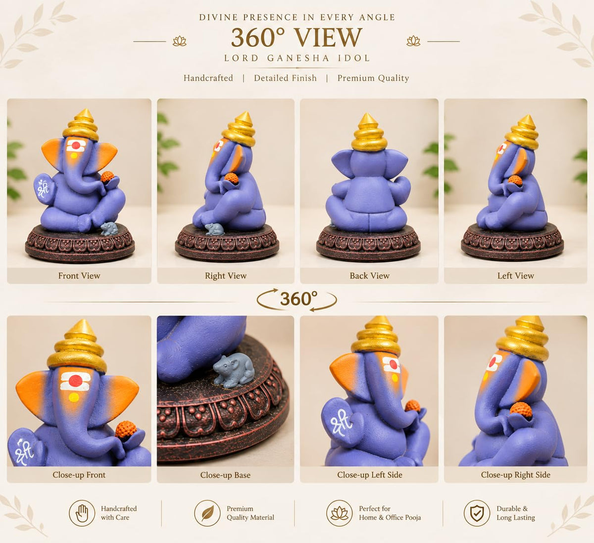 Lord Ganesha Idol with Mouse | 4 Inch Matt Finish Resin Murti | Solid Purple | for Home, Office, Car Dashboard & Gifting