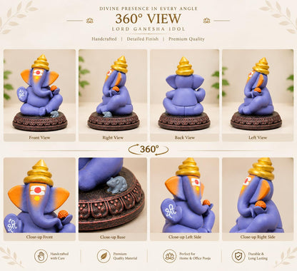 Lord Ganesha Idol with Mouse | 4 Inch Matt Finish Resin Murti | Solid Purple | for Home, Office, Car Dashboard & Gifting