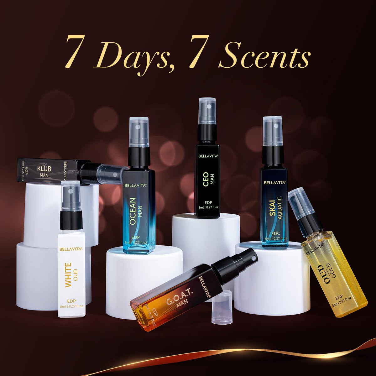 Collection of perfume bottles with '7 Days, 7 Scents' text on a dark background