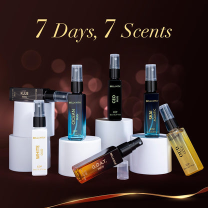 Collection of perfume bottles with '7 Days, 7 Scents' text on a dark background