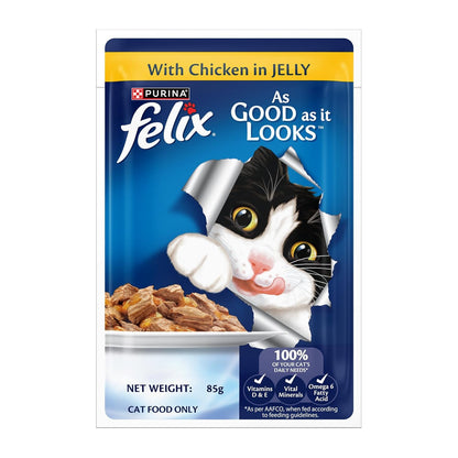 Purina Felix Chicken in Jelly, Wet Food for Adult Cats, 85g Pouch | With Chicken in Jelly, Tasty Meaty Chunks, 100% Complete & Balanced Nutrition, Vitamins D & E, Omega 6, Essential Minerals