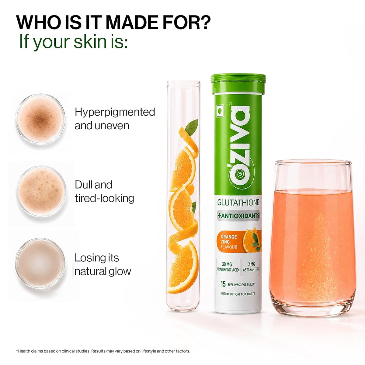 OZiva Bioactive Glutathione Tablets, Skin Glow, Vitamin C, Orange 15 Tabs Effervescent Tablets | L-Glutathione| Hyaluronic Acid | Lycopene| Vitamin C For Skin Glow & Anti-Pigmentation