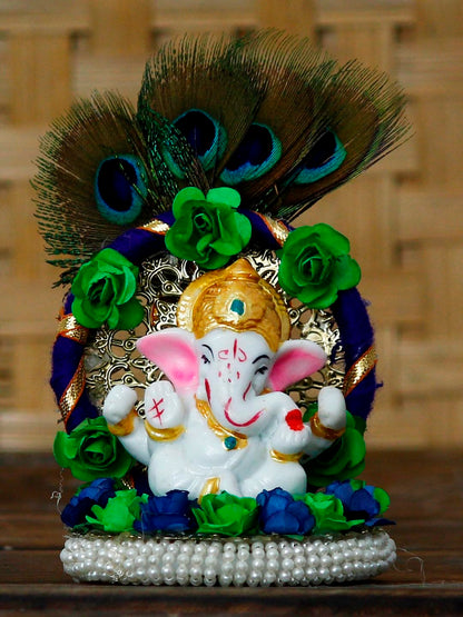 Resin Handcrafted Lord Ganesha Idol on Peacock Feather Floral Designer Plate, Divine Home Decor for Pooja Room, Car Dashboard | Gift for Diwali, Ganesh Chaturthi, Spiritual Enthusiasts