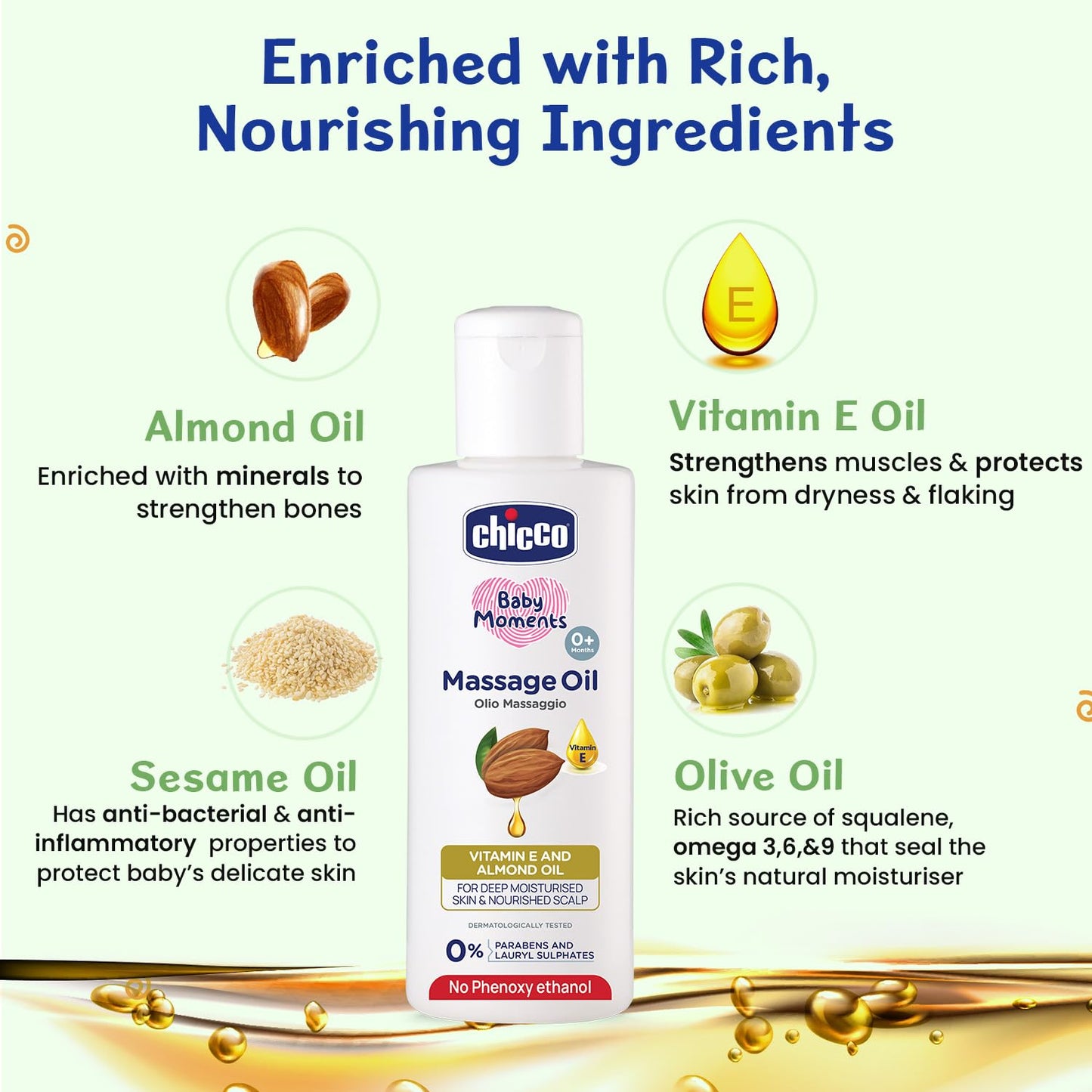 Chicco Baby Moments Massage Oil, New Advanced Non-sticky & Moisturizing Formula, Suitable for Baby’s Skin, Hair & Scalp, No Phenoxyethanol & Parabens (200ml)