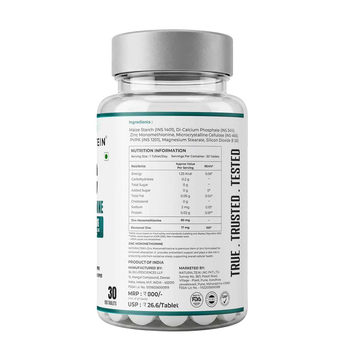 Naturaltein Zinc Monomethionine 60 mg | 17 mg Elemental Zinc per Tablet | Supports Immune Health, Antioxidant Protection & Skin Wellness | 30 Count