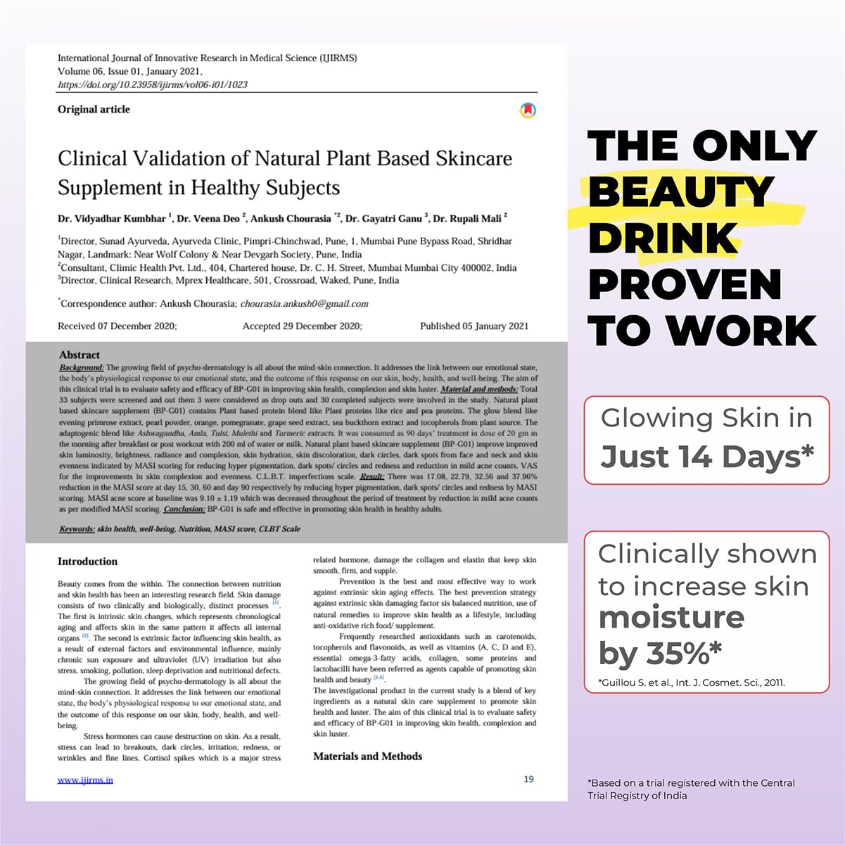 Scientific article with promotional text about a beauty drink supplement on a white background