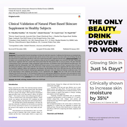 Scientific article with promotional text about a beauty drink supplement on a white background