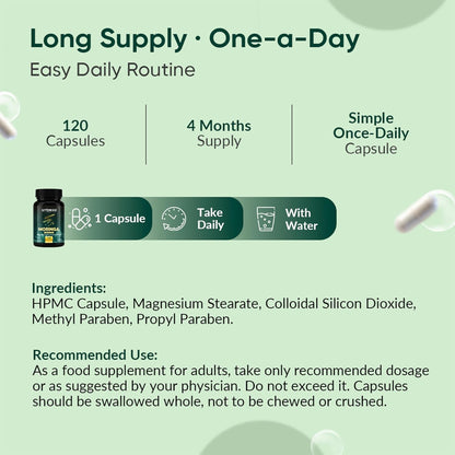 Supplement packaging with information on quantity, duration, and usage on a green background.
