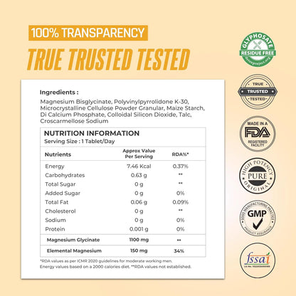 Naturaltein Magnesium Glycinate 1100mg (150mg Elemental) | Chelated High Absorption Magnesium | Supports Sleep Quality & Normal Muscle Function | Glyphosate Tested | 30 Tablets