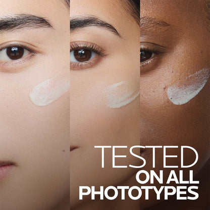 Three close-up views of different skin tones with a product application, labeled 'Tested on All Phototypes'.