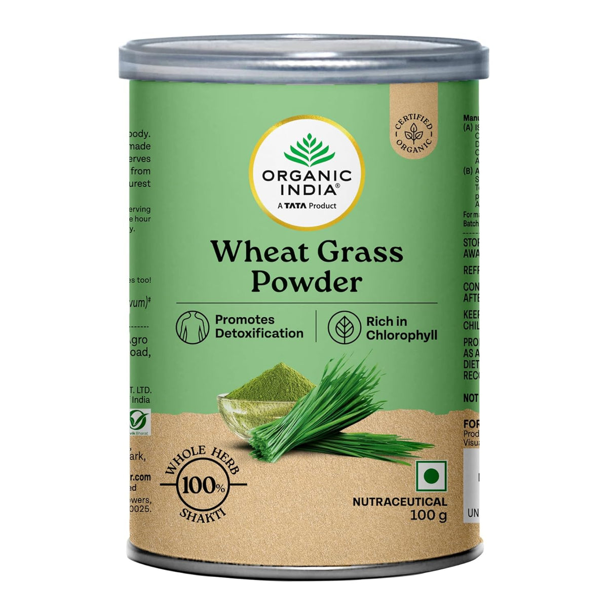 A TATA Product - Organic India Wheat Grass - 100g, Supports Immunity & Boosts Stamina, Rich in Natural Antioxidants, Vitamins & Minerals, For Detox, Overall Well-Being, GMP & NPOP Certified Organic