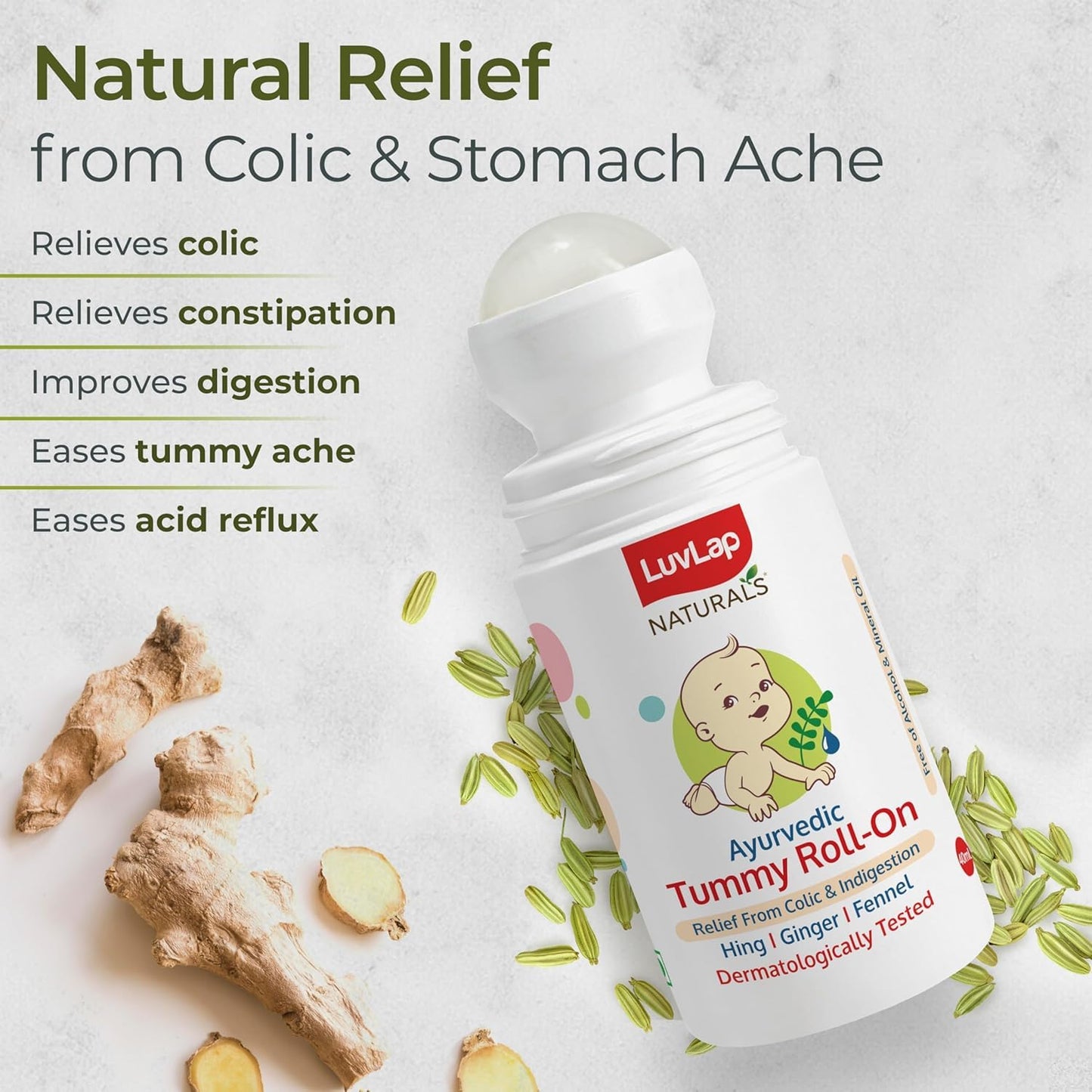 Luvlap Naturals Baby Tummy Roll On Oil (40ml) for Colic & Gas Relief, Relieves Constipation & Indigestion with Hing, Ginger & Fennel (Saunf), Alcohol free, Dermatologically tested Ayurvedic medicine