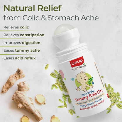 Luvlap Naturals Baby Tummy Roll On Oil (40ml) for Colic & Gas Relief, Relieves Constipation & Indigestion with Hing, Ginger & Fennel (Saunf), Alcohol free, Dermatologically tested Ayurvedic medicine