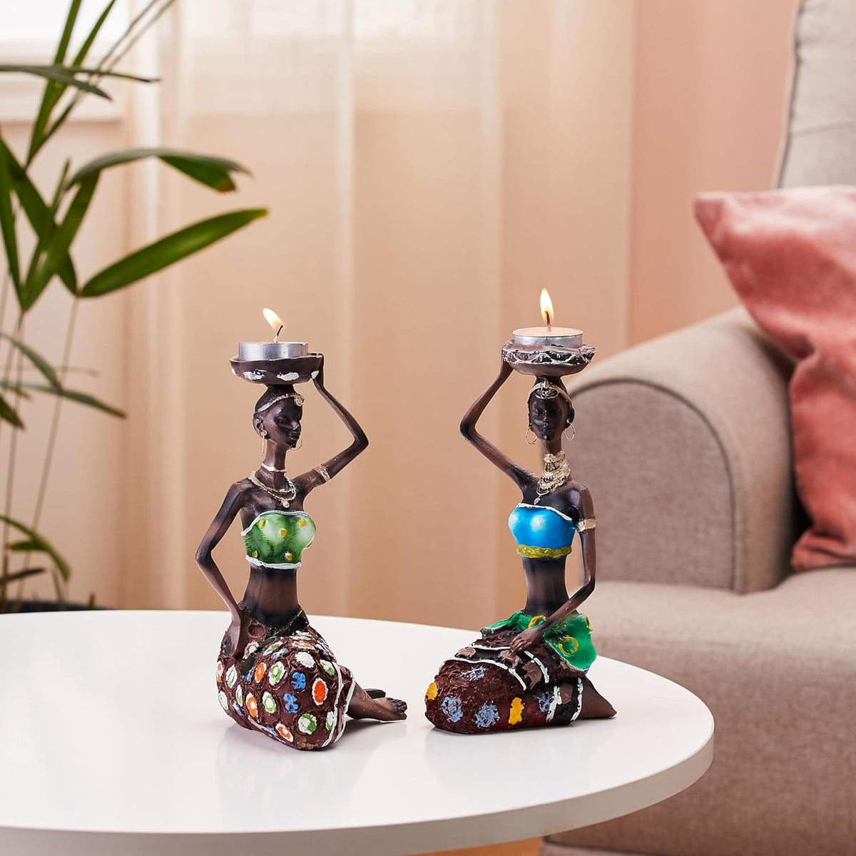 Handcrafted Home Decor Art Piece | Sitting African Tribal Women with Candle Holder | Set of 2 (Multicolor)