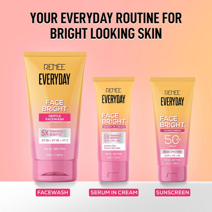 RENEE Everyday Face Bright Brightening Sunscreen SPF 50 PA+++ | In-Vivo Tested | With Niacinamide, Hyaluronic Acid & Glutathione | Broad Spectrum UVA & UVB Protection | Hydrates & Protects Skin | 50ml