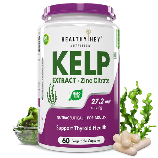 Kelp extract supplement container with purple lid and white body, featuring 'Healthy Hey Nutrition' branding.