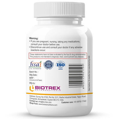 Biotrex Nutraceuticals Vitamin B5 (Pantothenic acid) Supplement | Daily 100% RDA | Energy & Metabolism | Nerve Health | Healthy Cholesterol Levels | Hair, Skin & Nails | Lab Tested | 60 Veg Capsules