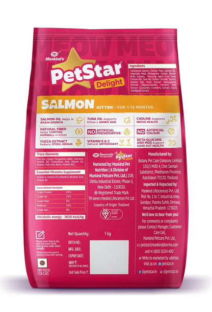 Mankind PetStar Kitten Cat Food – Salmon Flavour (1 Kg) | Complete & Balanced Nutrition for Healthy Growth, Urinary, Immune & Digestive Support