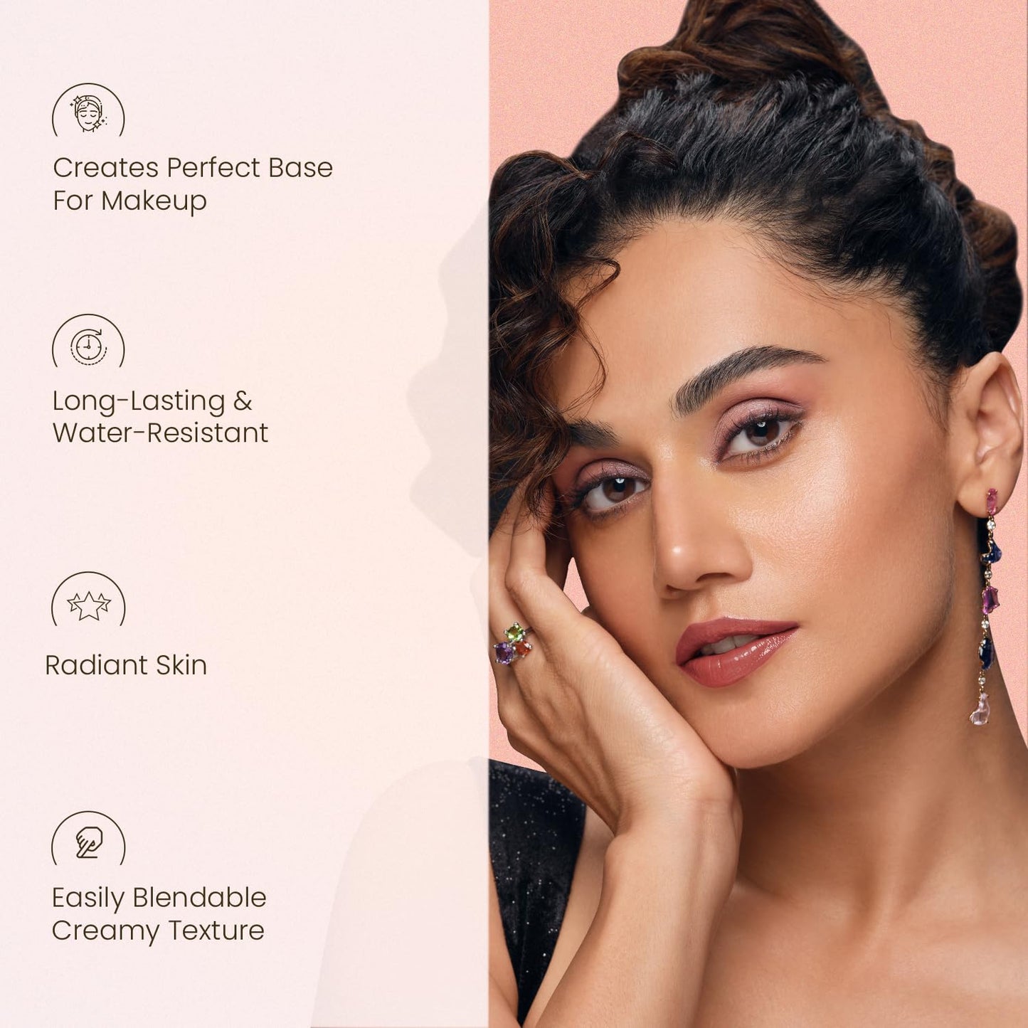 Woman with radiant skin on a pink background with text about skincare benefits.