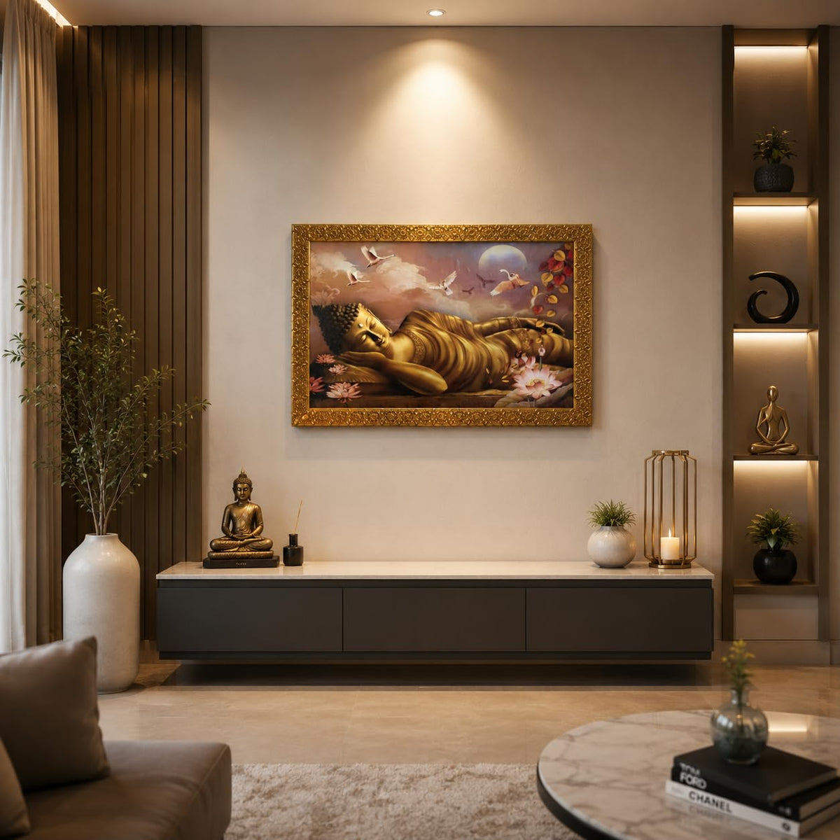 Buddha Art Framed Painting for Luck, Prosperity | Ready to Hang (Wooden Frame, 12inch x 18 inch, Golden)