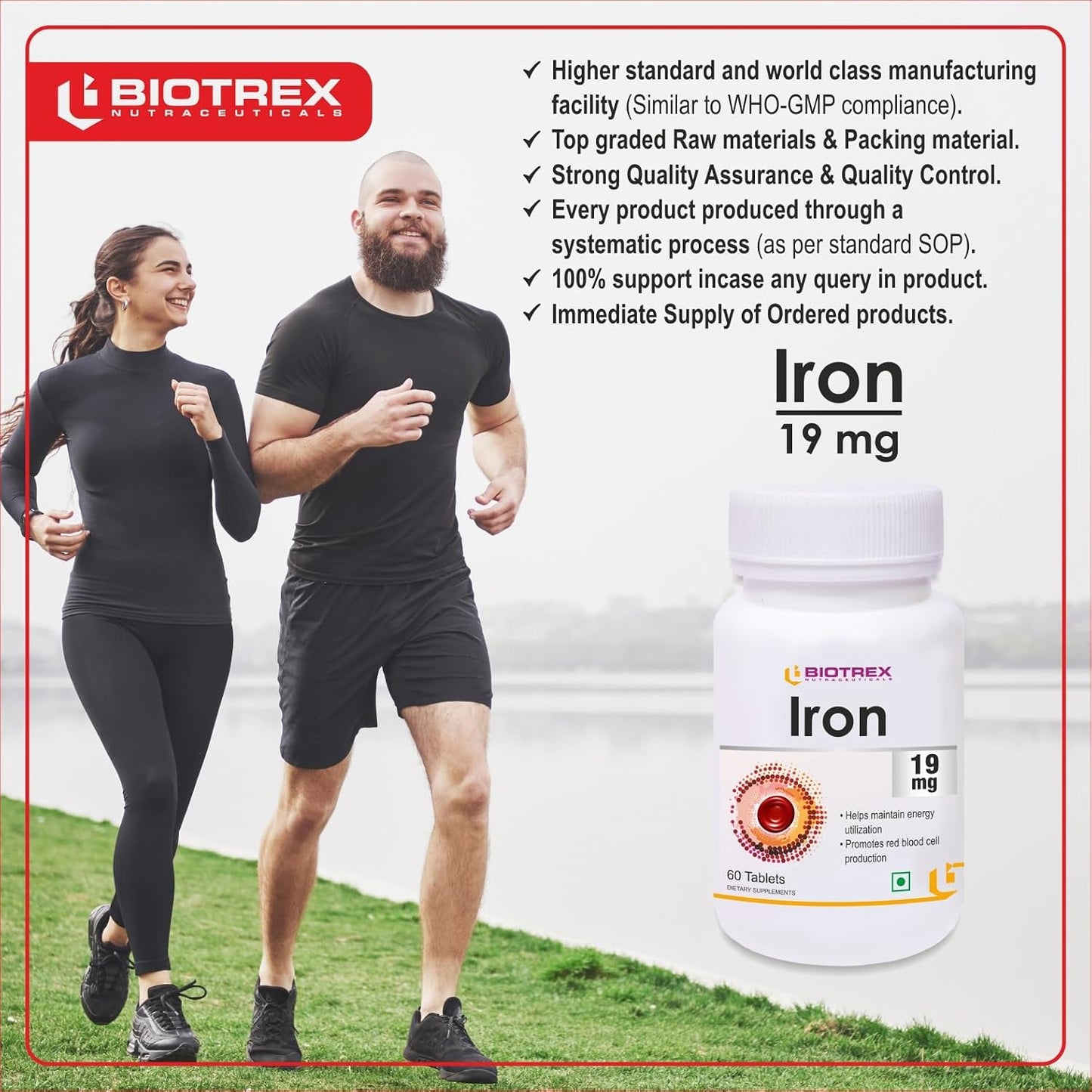 Biotrex Nutraceuticals Iron 19mg (As Ferrous fumarate) | Boosts immunity, Supports energy, Brain function & Muscle function | For Both Men & Women - 60 Tablets